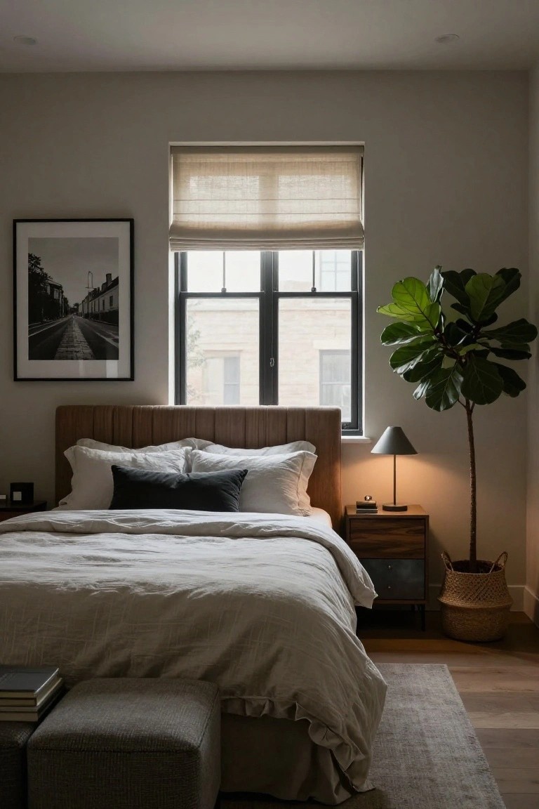 Bedroom interior with tan tufted upholstered headboard bed covered in white linen duvet and pillows, wooden nightstand holding a lamp and books, tall fiddle leaf fig plant in seagrass basket nearby, bamboo roman shade on window, and black-framed streetscape photo on wall.