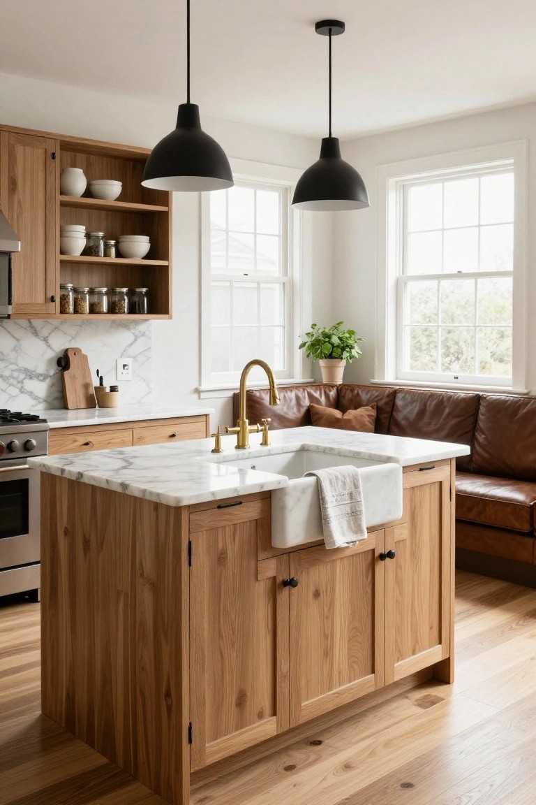 Kitchen interior with oak wood cabinets and a central island topped in white marble, featuring a white apron-front farmhouse sink, gold faucet, black pendant lights, white subway tile backsplash, and a tan leather L-shaped banquette.