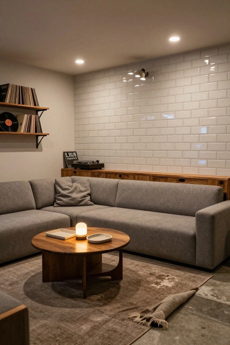 A living room corner with light gray L-shaped sofa, round wooden coffee table holding a lit candle and dishes, white subway tile accent wall with wooden built-in cabinet below and open shelves with vinyl records and turntable above, wool rug on concrete floor.