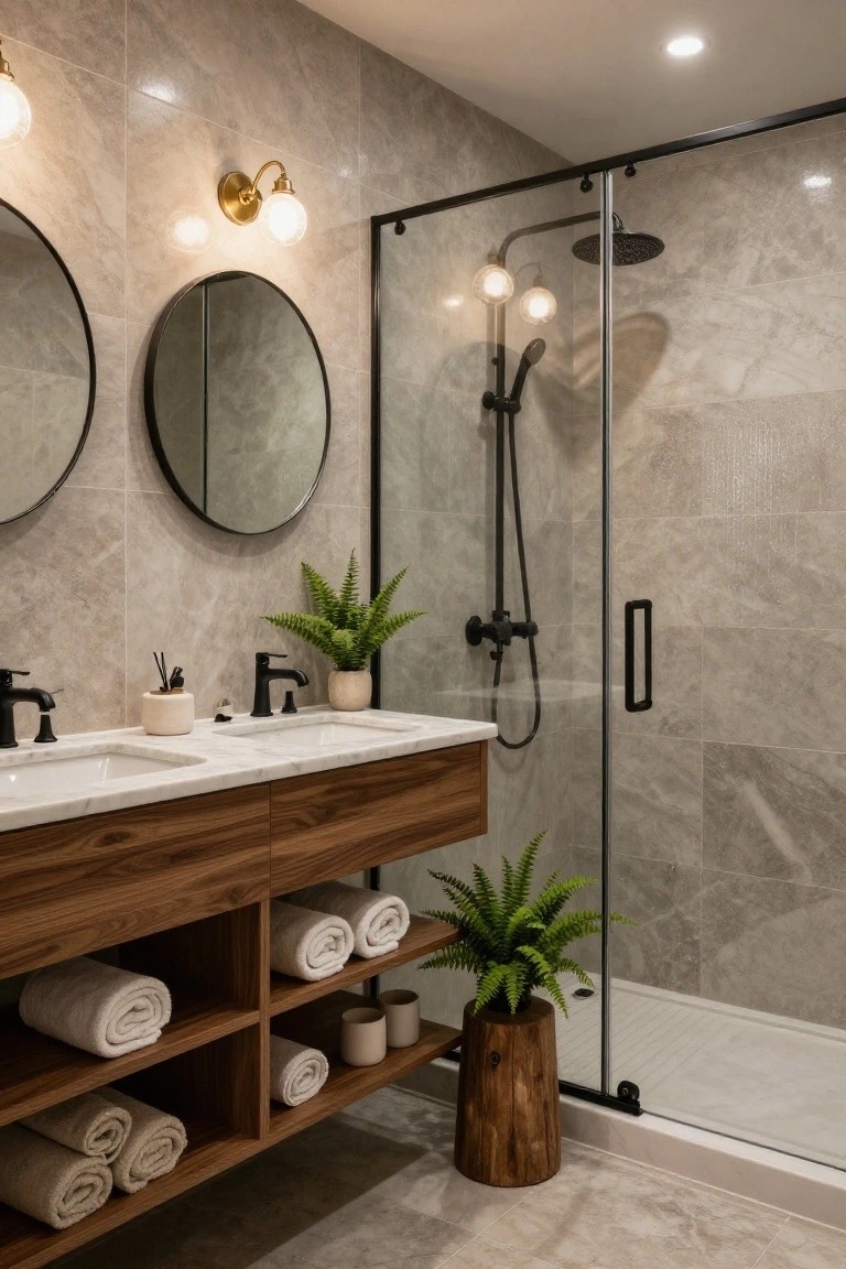 Modern bathroom with floating walnut wood vanity featuring double white sinks, matte black faucets, open shelves holding rolled towels and potted plants, round black mirrors, and a glass shower enclosure against gray marble tile walls.