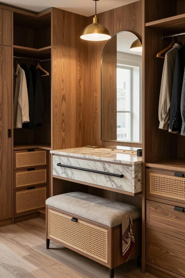 Corner walk-in closet with light wood paneling and cabinetry, hanging clothes on both sides, arched mirror over marble vanity with black drawer pulls, rattan storage bench, and gold pendant light.