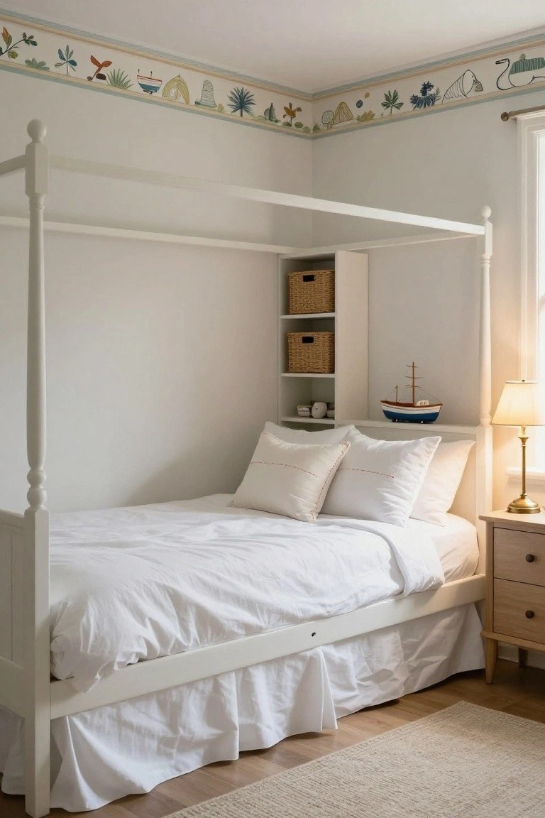 White four-poster canopy bed in a corner bedroom with white linens, pillows, adjacent wall shelves holding woven baskets and a model sailboat, wooden nightstand with lamp, and a border of nautical illustrations along the ceiling.