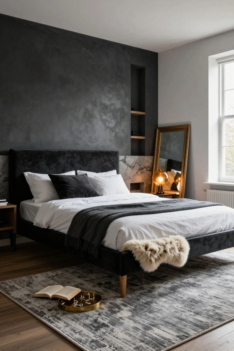 A bedroom corner featuring a dark textured plaster accent wall, black velvet upholstered bed with white bedding and gray throw, gold-framed mirror, bedside lamps, and a gray rug on wooden flooring.