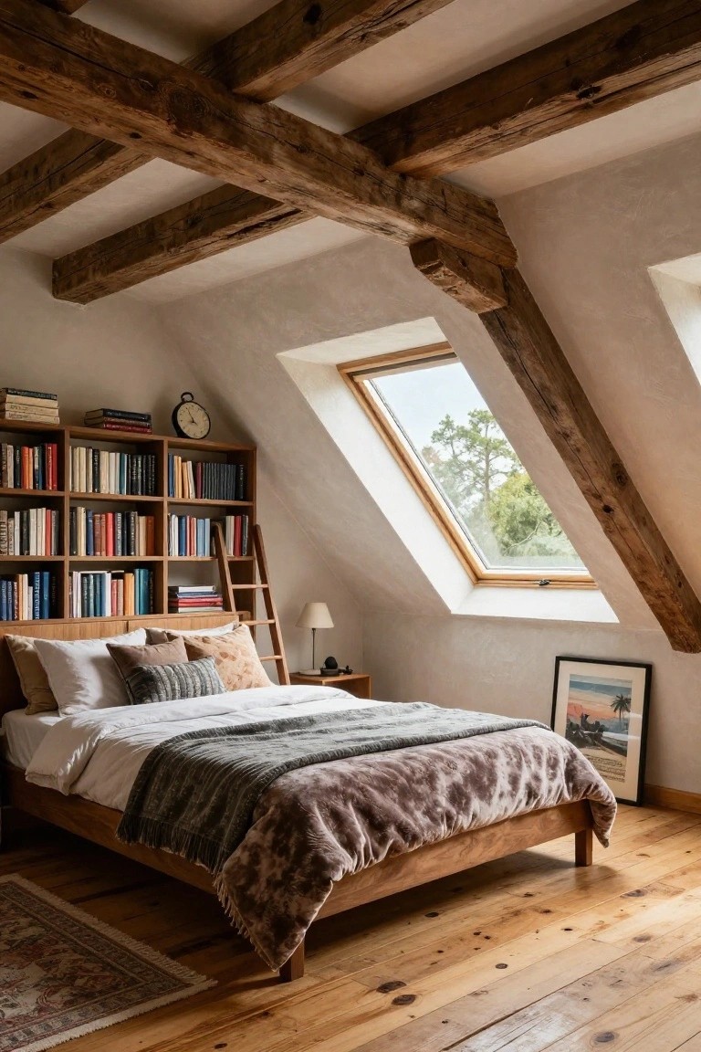 Attic bedroom with dark exposed wooden beams on sloped white ceilings, wooden bookshelves with books and ladder, wooden bed with white sheets gray throw pillows and blanket, skylights showing trees, nightstand lamp, framed ocean print, Persian rug on hardwood floor.