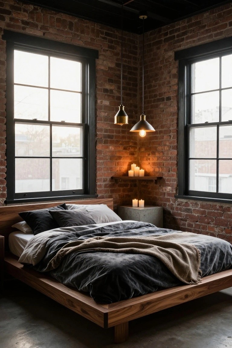 Corner bedroom with exposed red brick walls, large black-framed windows letting in light, two hanging gold pendant lights, wooden platform bed with dark gray bedding and beige throw, candles on wood shelf and concrete side table, polished concrete floor.