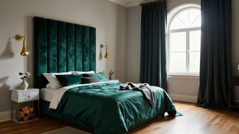 Bedroom corner with dark green velvet tufted headboard wall, emerald green curtains on arched window with roses in vase, lit gold wall lamp, marble fireplace mantel, white bedding on bed, and parquet wood floor.