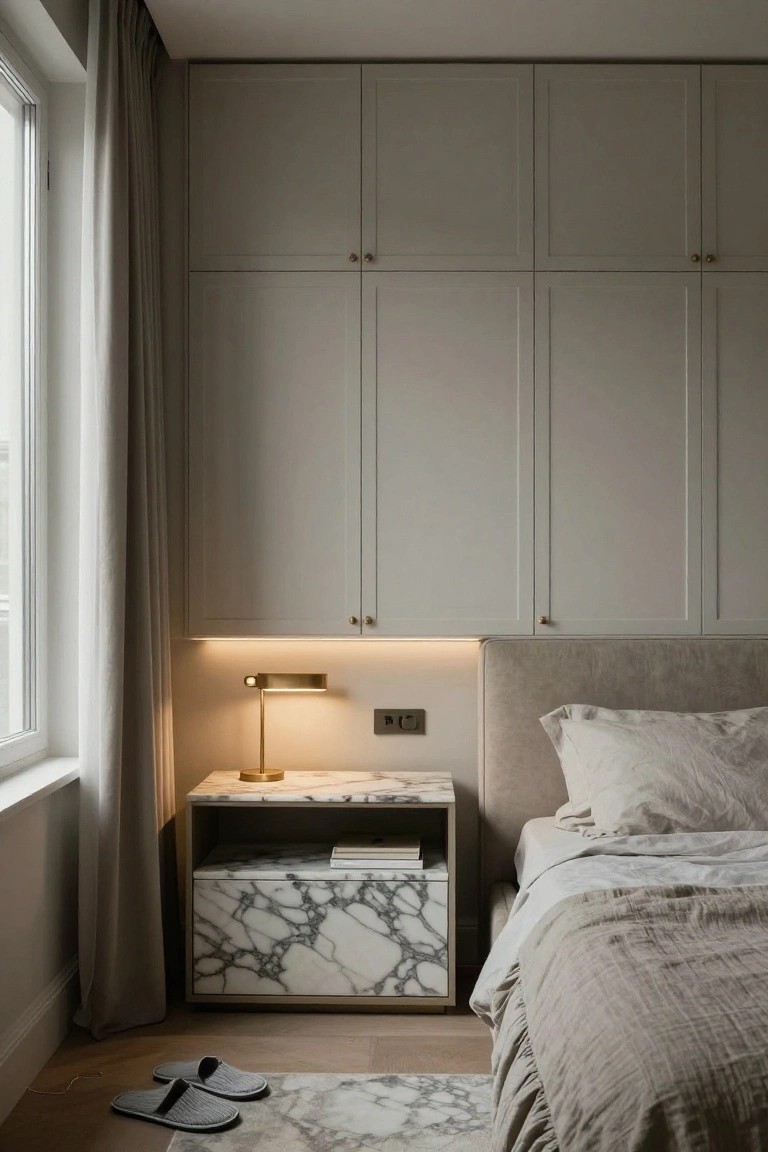 Modern bedroom featuring tall grey built-in wardrobes along the wall, upholstered bed headboard with integrated lighting, marble nightstand with lamp and book, large window with sheer curtains, and marble-patterned rug on wood floor.