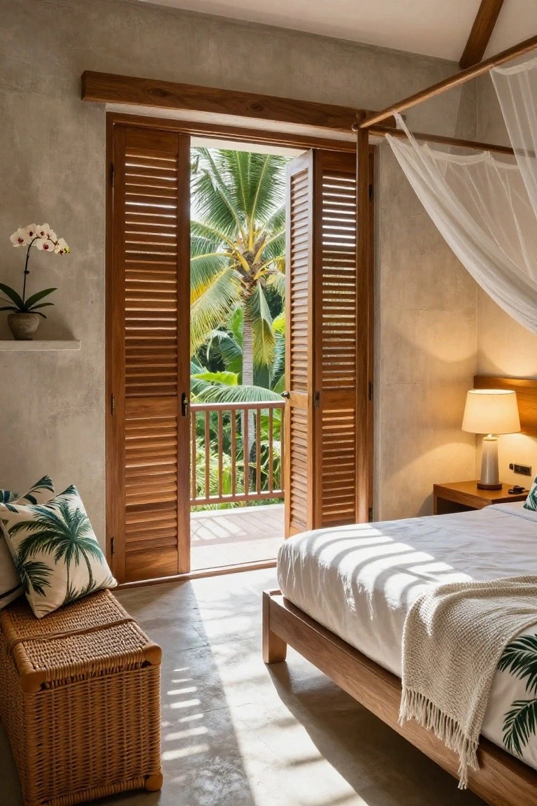 A bedroom with light gray walls, wooden canopy bed draped in white netting, open full-height louvered wooden shutters leading to a balcony overlooking palm trees and tropical plants, rattan bench with palm pillows, and bedside lamp.