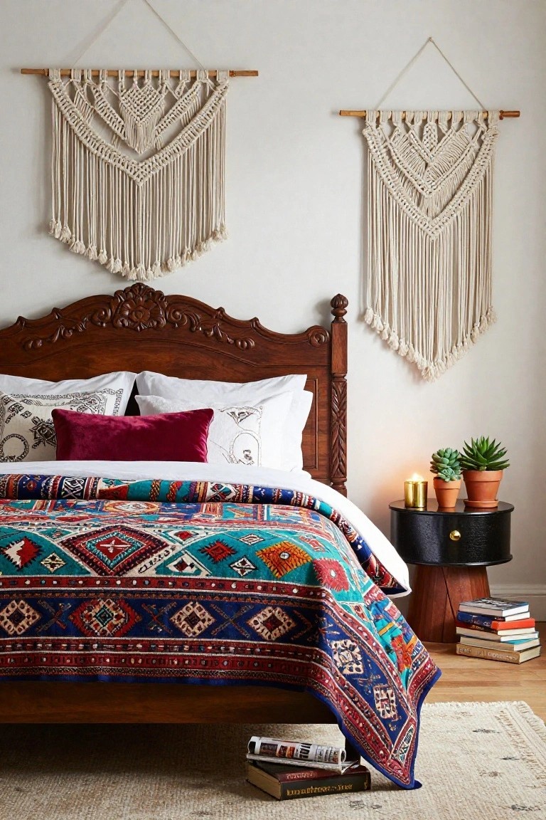 Bedroom with ornate dark wood headboard and footboard, vibrant multicolored geometric duvet, two tall white macrame wall hangings, black round nightstand with potted succulents and lit candle, stacks of books, and beige rug.