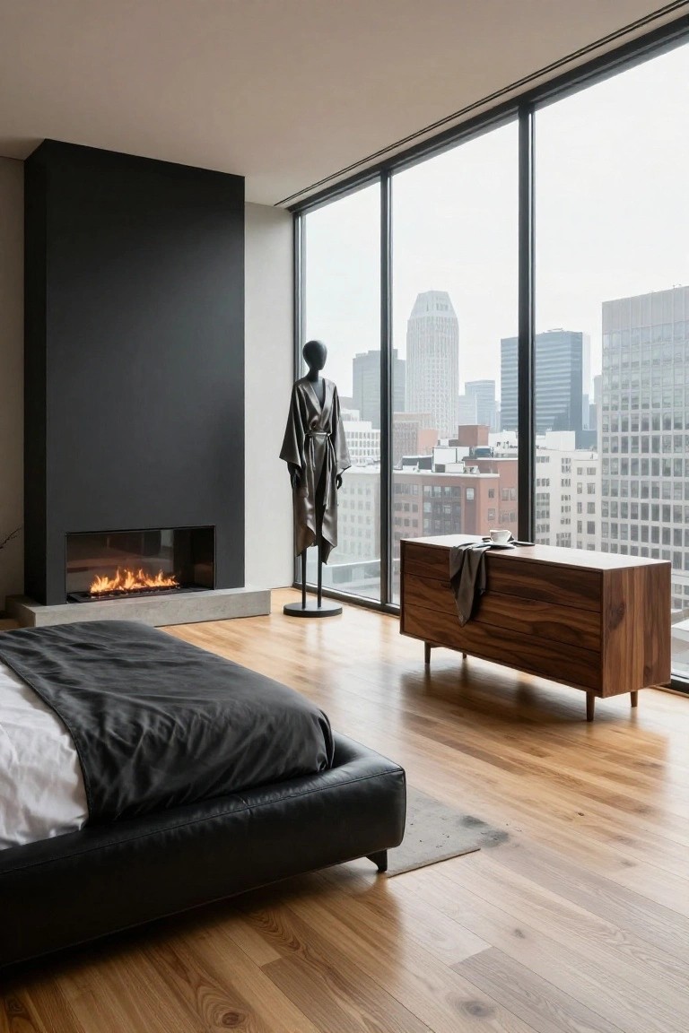 Modern bedroom featuring a full-height matte black wall with linear gas fireplace, black leather platform bed, wooden low dresser with draped cloth and cup, abstract mannequin sculpture, and corner floor-to-ceiling windows showing city skyline on a cloudy day.
