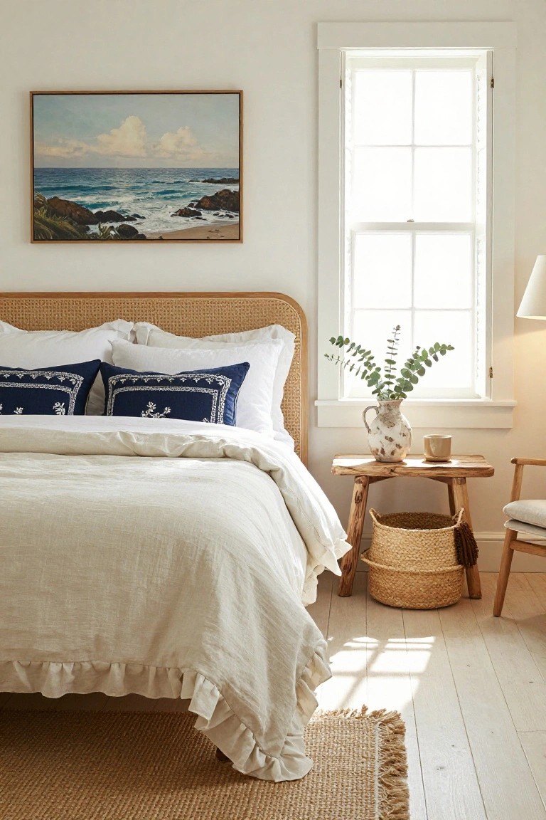A sunlit bedroom featuring a rattan headboard with white linen bedding and blue embroidered pillows, a wooden side table with a basket and mug, eucalyptus in a vase by the window, a coastal seascape painting, and a seagrass rug on light wood floors.