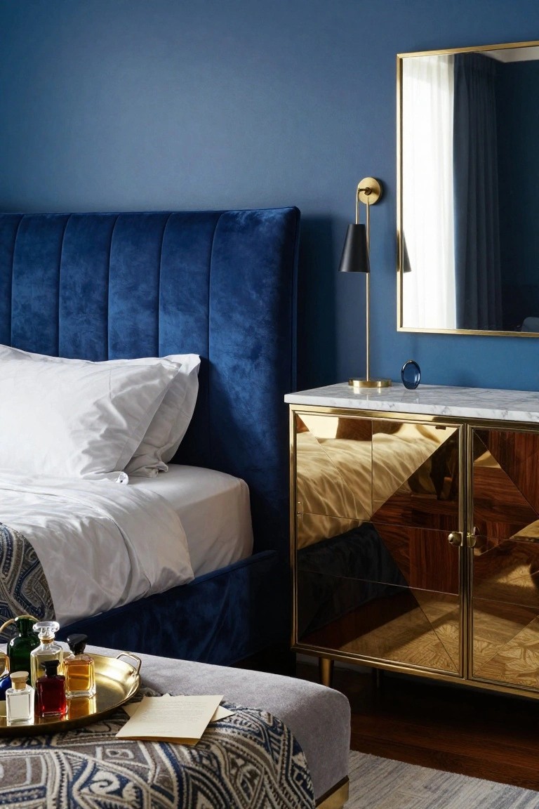 Bedroom with navy blue tufted velvet upholstered headboard, white bedding, gold-framed marble dresser, black lamps, and perfume bottles on brass tray atop gray ottoman.