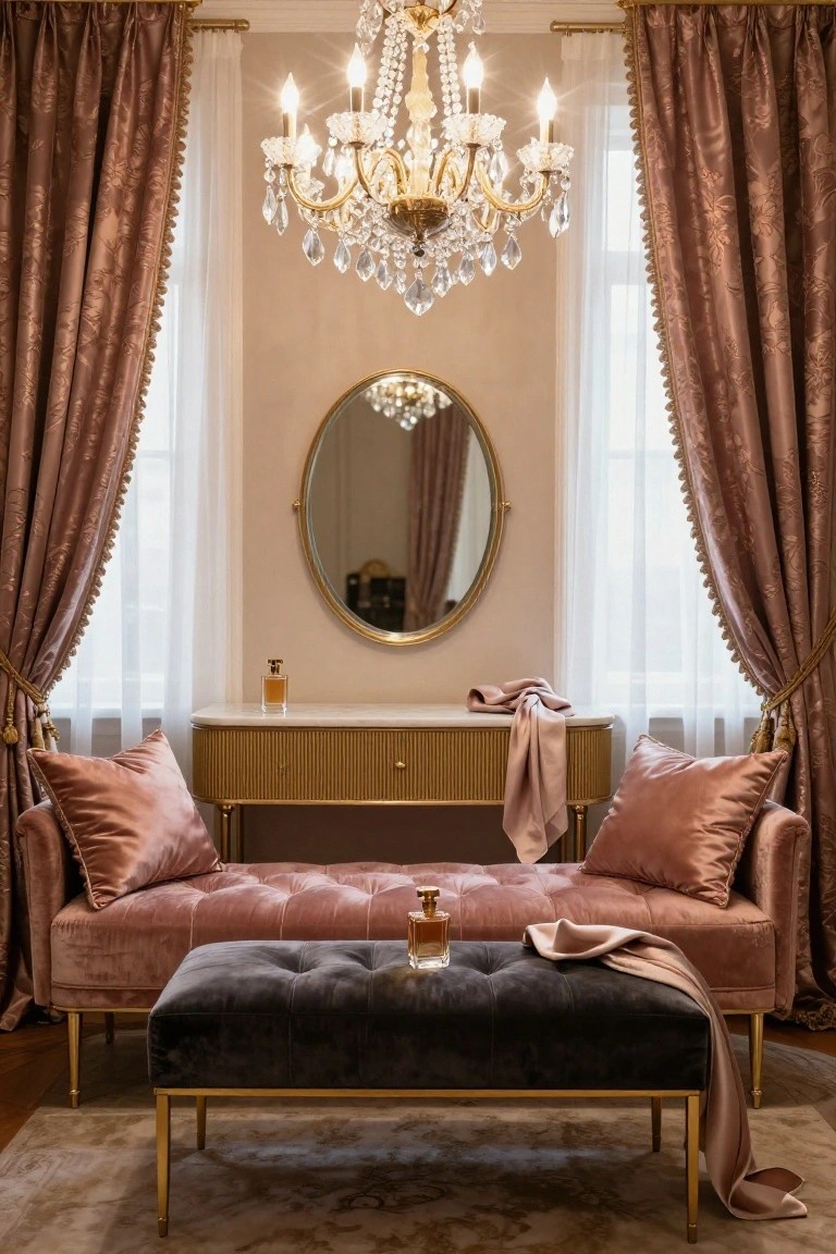 A bedroom vanity area with blush pink tufted velvet chaise lounge next to a gold console table topped with perfume bottles, round mirror, chandelier above, and rose-colored drapes on tall windows.