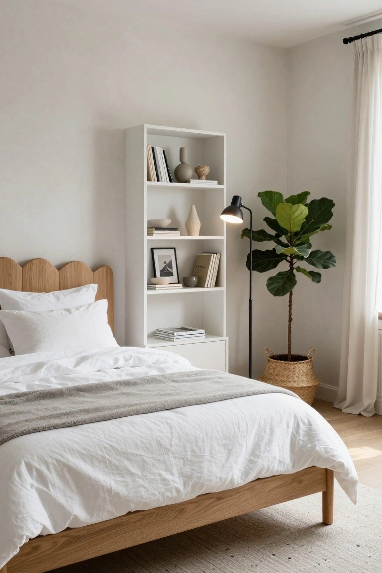Bedroom with oak bed frame and scalloped headboard, white linens and gray throw, tall white bookshelf stocked with books and ceramics, black floor lamp beside fiddle leaf fig in woven basket, white walls, sheer curtains, and light wood floor.
