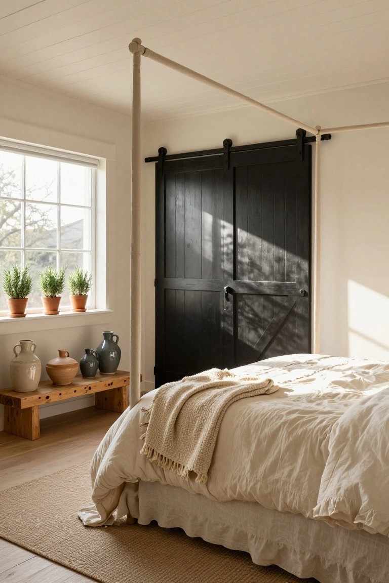 Bedroom with a bed under a light wooden canopy frame formed by posts and beam, black sliding barn doors mounted on the beam, wooden bench with pottery nearby, potted herbs on windowsill, neutral tones, hardwood floor, and jute rug.