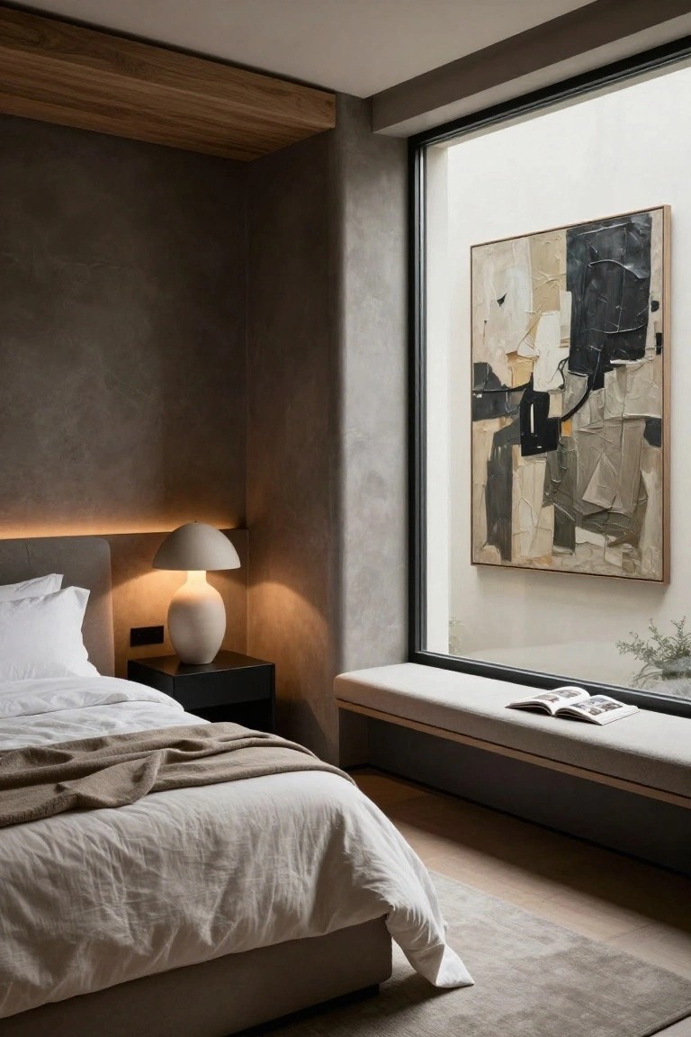Modern bedroom featuring beige textured plaster walls, a low platform bed with white linens and tan throw, black nightstand with white ceramic lamp, large abstract painting on a floor-to-ceiling window wall, and built-in bench seat with open book.