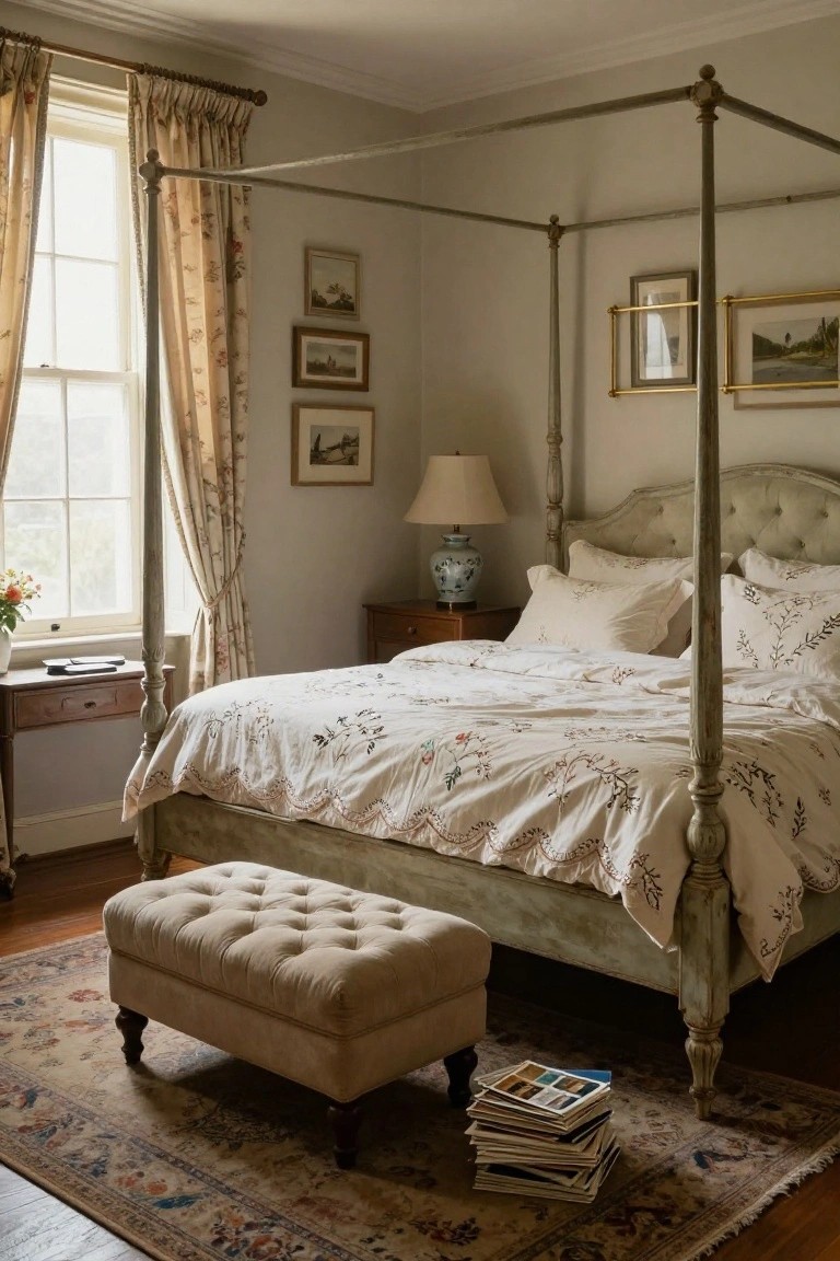 A bedroom interior with a tall gray-painted four-poster bed covered in white floral-patterned bedding, next to a large window with beige floral curtains, a lamp and vase on a side table, a footstool, and stacked books on a patterned rug.