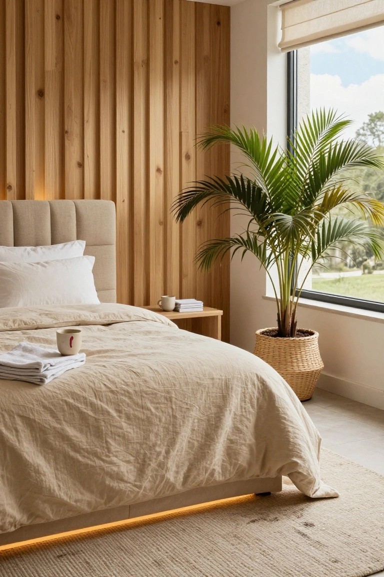 Modern bedroom with light wood vertical paneling on one wall, beige upholstered bed with white pillows and linens, wooden nightstand holding mugs and books, large potted palm tree by floor-to-ceiling window overlooking greenery.