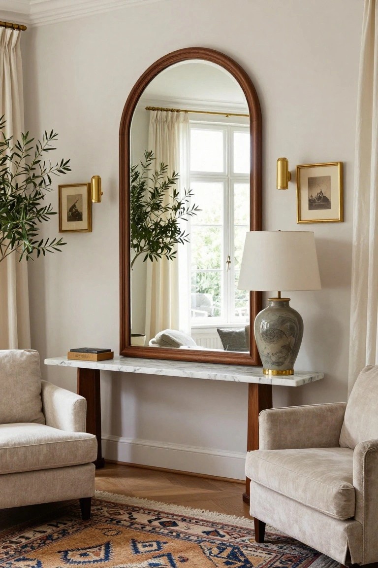 A tall arched wooden mirror above a white marble console table with wooden legs, flanked by two cream armchairs, olive branches in vases, a ceramic lamp, and a patterned rug in a white-walled living room.