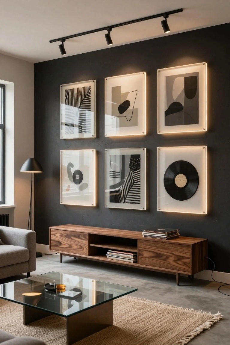 Dark textured accent wall in a modern living room with six backlit acrylic frames holding abstract prints and a black vinyl record, walnut media console with stacked books, glass coffee table, gray sofa, and floor lamp.