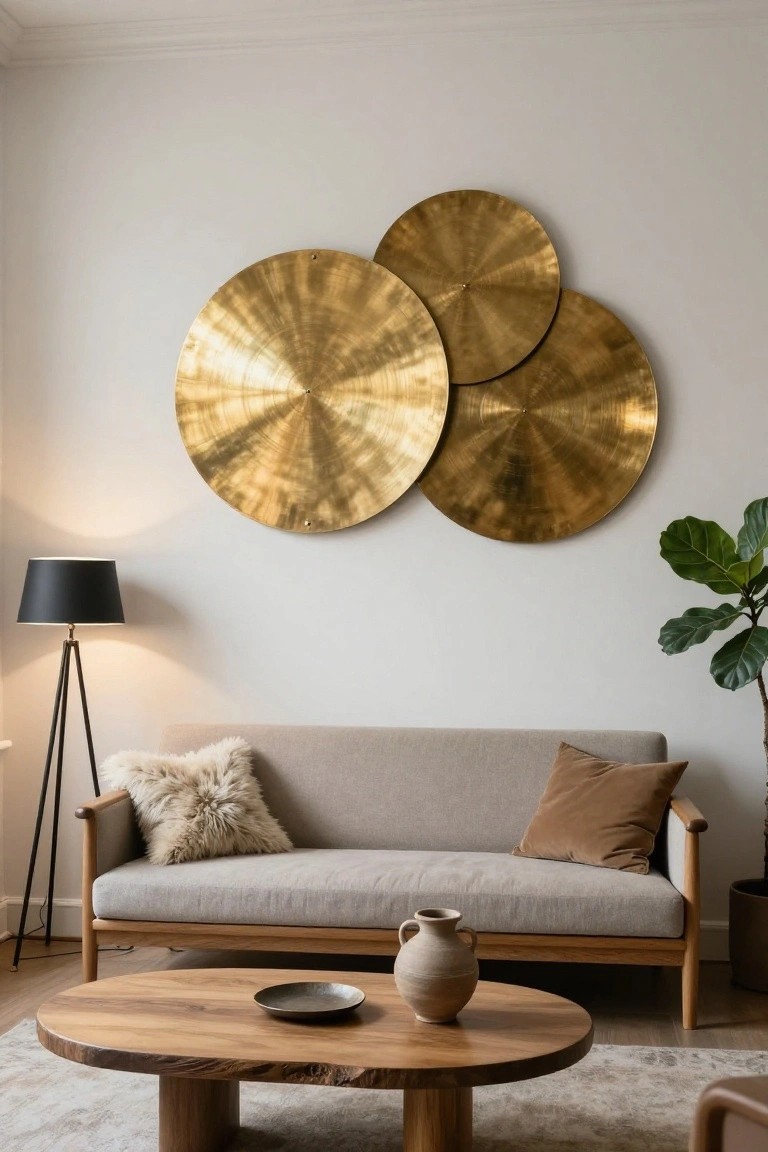 Three large hammered gold brass discs mounted in a cluster on a white wall above a light gray sofa with fur and tan pillows, next to a black floor lamp, wooden coffee table with vase and plate, and potted plant.