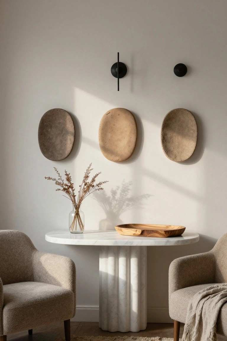 Three oval beige clay platters hung on a white wall above a round white marble pedestal table with a wooden bowl and dried grasses in a glass vase, flanked by two beige upholstered armchairs, black wall sconces nearby, and natural light from a window.