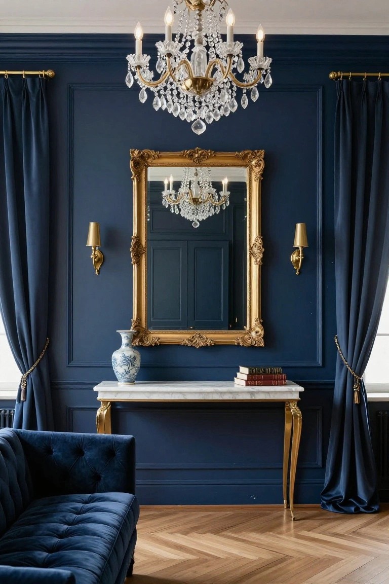 Deep navy paneled wall in a living room with large ornate gold-framed mirror centered above white marble console table holding blue vase and stacked books, gold sconces on sides, navy drapes, crystal chandelier overhead, blue velvet sofa, and herringbone parquet floor.