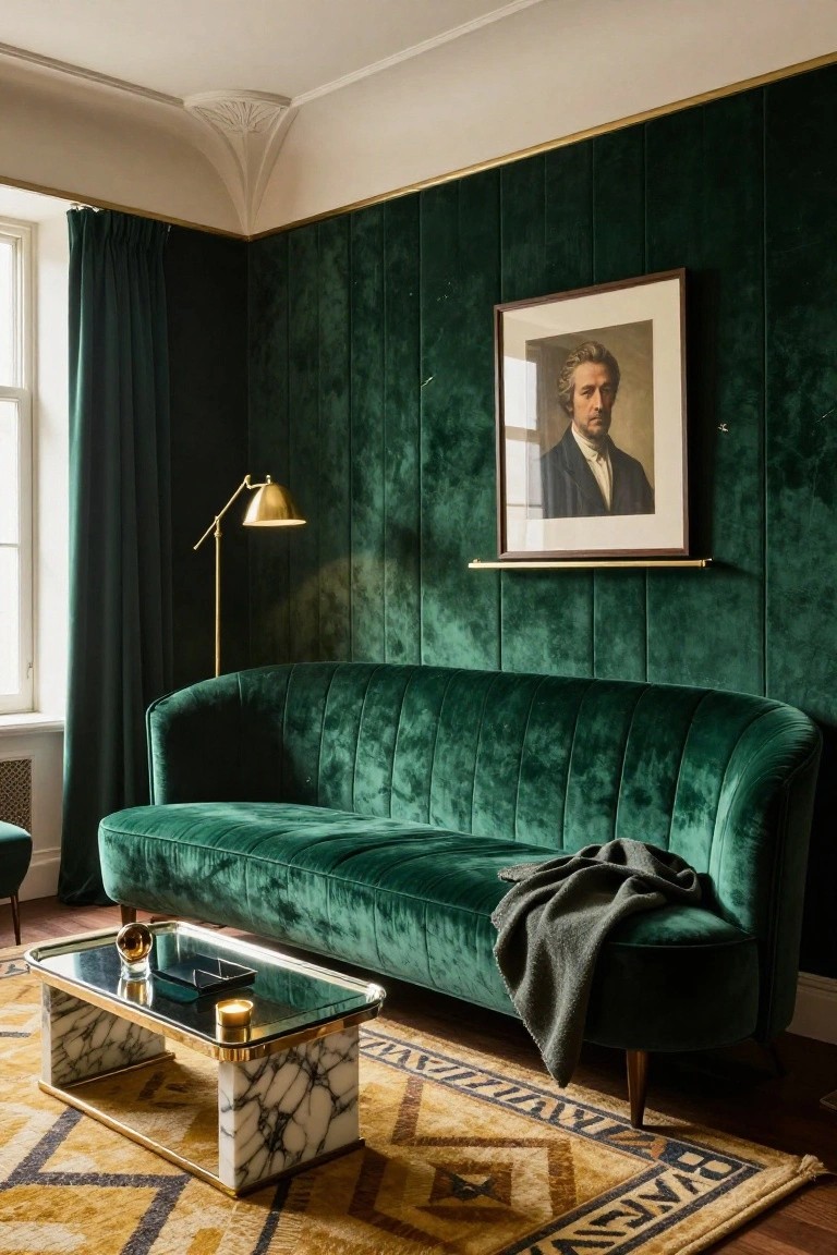 A living room with emerald green tufted velvet paneled walls framed in gold, a curved green velvet sofa, glass-top coffee table on marble base, brass floor lamp, and framed portrait on the wall.