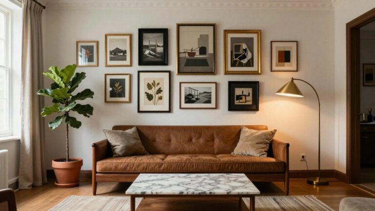 Living room with burnt orange velvet sofa, marble-top wooden coffee table holding teacups and nuts, assorted pillows, potted plants including a fiddle leaf fig, brass arc lamp, and large wall gallery of black-and-white abstract, silhouette, and botanical framed prints in mixed black and gold frames.