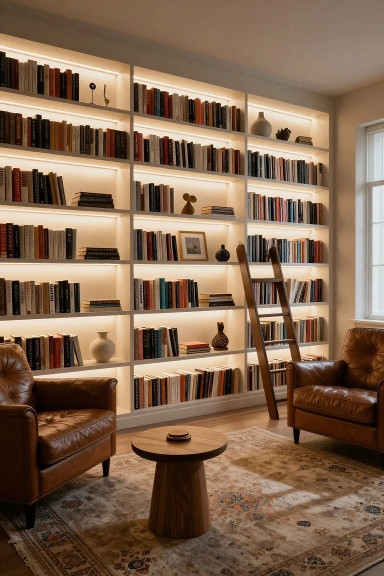 A cozy living room corner with tall white floor-to-ceiling bookshelves lit by LED strips, a wooden library ladder leaning against them, two brown leather armchairs, a round wooden pedestal table, and a patterned rug on a light wood floor.