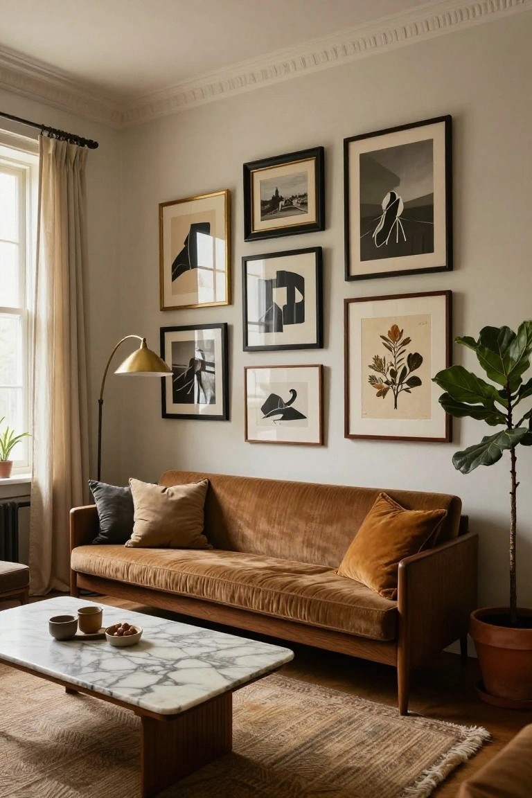 Living room with burnt orange velvet sofa, marble-top wooden coffee table holding teacups and nuts, assorted pillows, potted plants including a fiddle leaf fig, brass arc lamp, and large wall gallery of black-and-white abstract, silhouette, and botanical framed prints in mixed black and gold frames.
