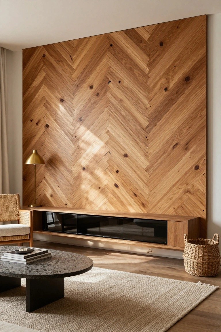 Living room with tall herringbone-patterned wooden accent wall behind black TV console cabinet, gold arched lamp on floor, rattan armchair with beige cushion, black stone coffee table with stacked books, seagrass rug, and woven basket nearby on light wood floor.
