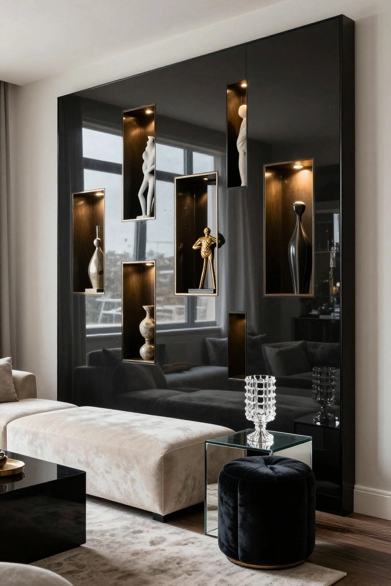Tall glossy black feature wall with recessed illuminated niches displaying white nude sculptures, gold figures, black and beige vases in a living room with beige sofa, bench, black coffee table, and velvet stool.