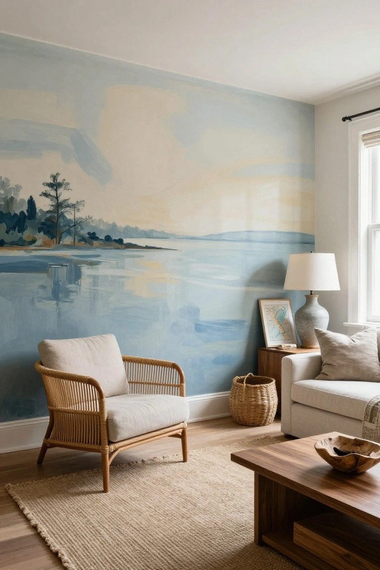 Living room corner featuring a large blue-toned landscape mural on one wall depicting trees, water reflections, and sky, with a rattan armchair, beige sofa, wooden coffee table, side table, lamp, and woven basket.