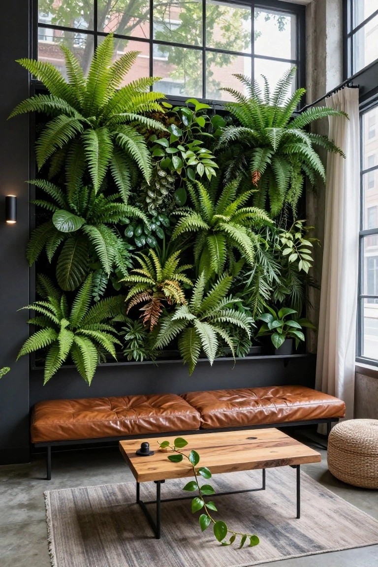 Tall vertical living wall of ferns and green plants on a dark wall in an industrial-style room with large windows, tan leather bench, wooden coffee table on a gray rug, and woven pouf.