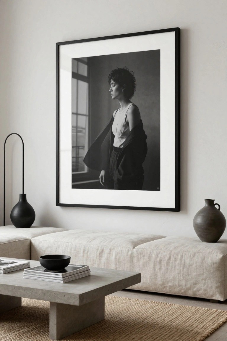 A minimalist living room with a large black-and-white framed portrait of a woman hanging on a white wall above a beige modular sofa, next to a curved black floor lamp and black vase on the floor, a concrete coffee table holding stacked magazines and a black bowl, and a terracotta vase nearby on beige carpet.