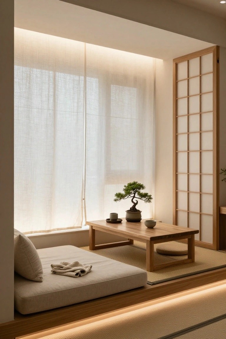 Minimalist indoor room with shoji screen partition, low wooden table holding bonsai tree and teacups, built-in beige window bench with pillows and folded cloth, tatami flooring, sheer curtains on large window, and soft ambient lighting.