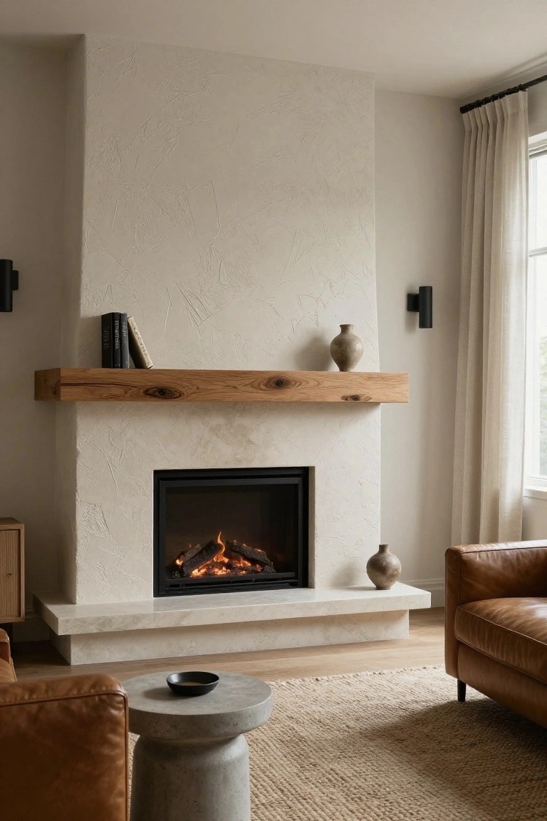 Living room with white textured plaster wall surrounding a gas fireplace, oak wood mantel holding books and a vase, beige linen drapes, leather sofa, concrete side table, and light oak flooring.