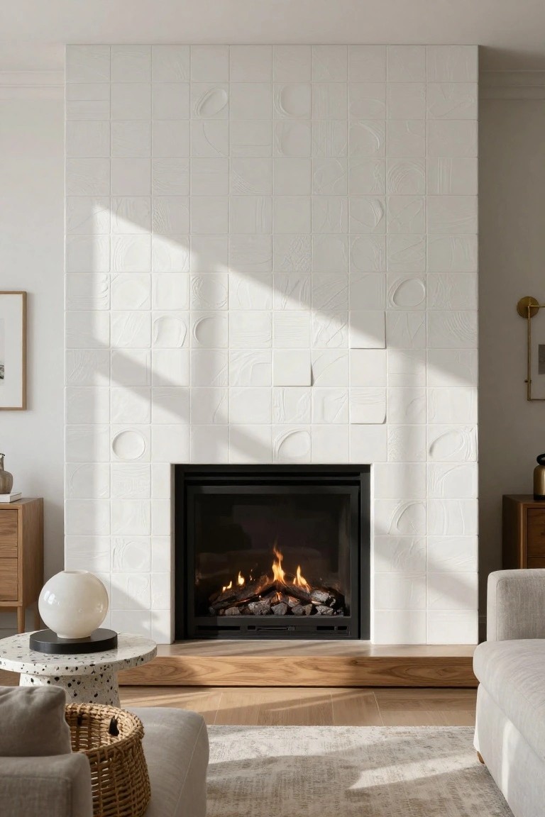 A living room with a black-framed gas fireplace surrounded by white rectangular tiles featuring raised circular and curved relief patterns, wooden hearth, side tables, gray sofa, woven basket, and beige rug on oak floors.