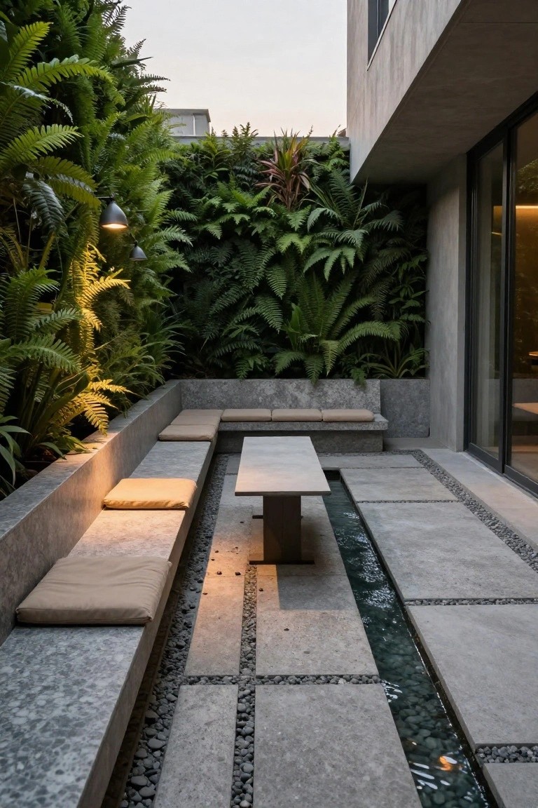 L-shaped gray concrete benches with beige cushions along a patio wall, low rectangular stone table in center, linear water channel with pebbles and gravel floor, lush green fern vertical garden, concrete architecture, and pendant lights.