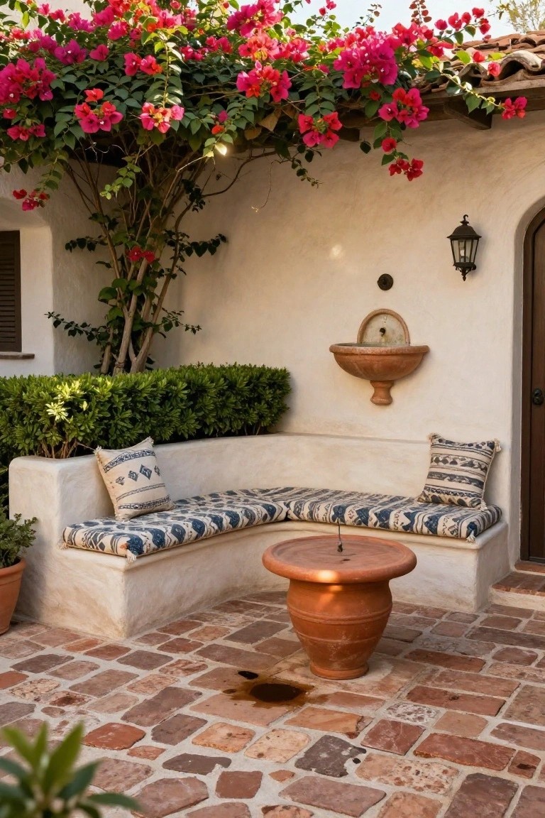 White stucco wall with built-in bench seating covered in blue and white patterned cushions and pillows, a terracotta table in front, bougainvillea vines overhead, boxwood hedge, wall fountain, lantern light, and wooden door on terracotta paver patio.