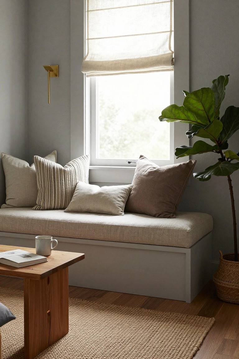 Cushioned bench seat under a large window with layered pillows in neutral tones, wooden side table with open book and mug, fiddle leaf fig plant, beige linen roman shade, seagrass basket, and jute rug in a light gray room.
