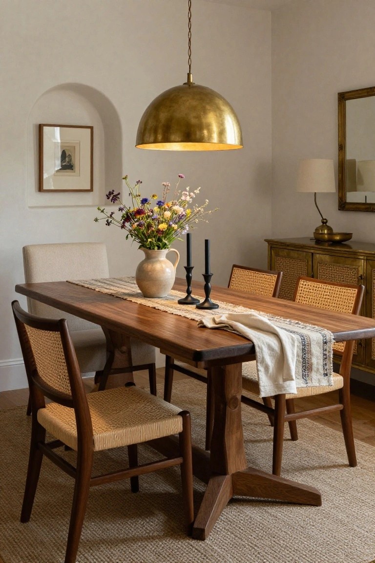 Dining room featuring a wooden trestle table with a runner and vase centerpiece, surrounded by four cane-backed chairs, under a large brass pendant light, with beige walls and an arched niche.