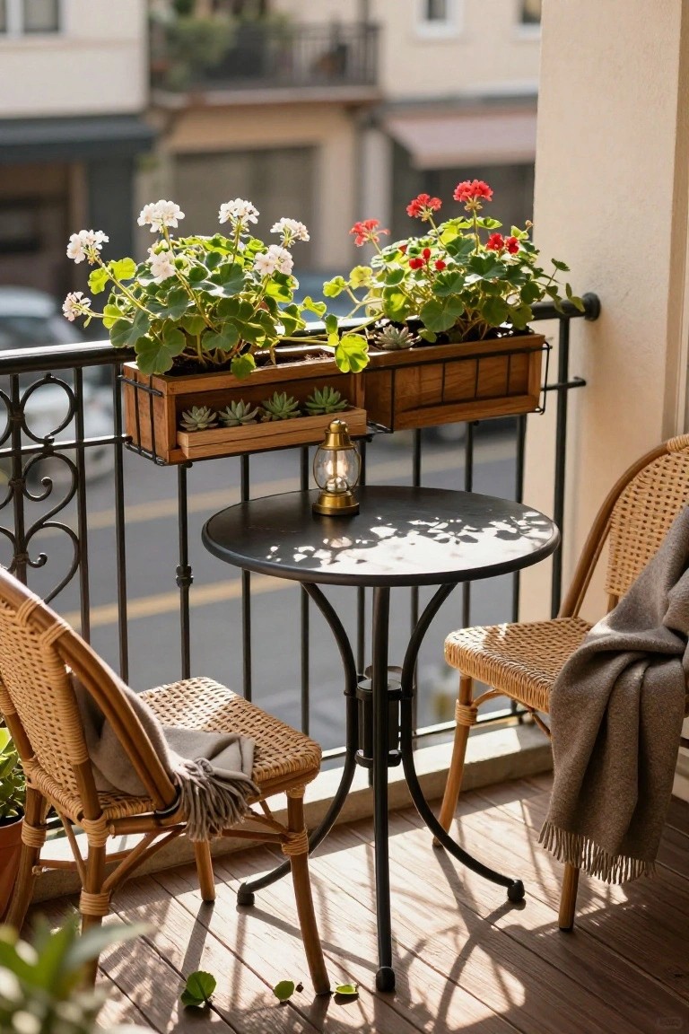 Balcony featuring a small black metal round table flanked by two wicker chairs with gray throws, wooden planters on the wrought-iron railing holding white and red geraniums plus succulents, a brass lantern on the table, and a view of the street below.