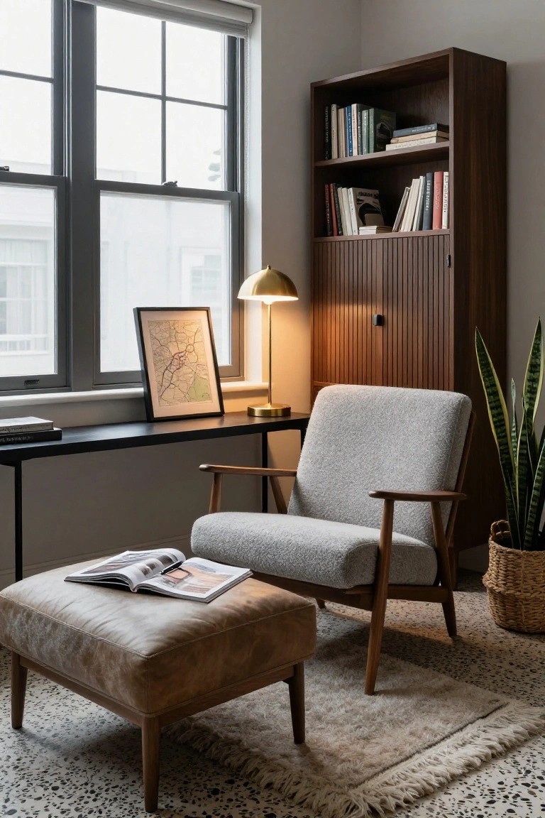 Gray bouclé-upholstered armchair with wooden arms and tan leather ottoman on a light rug in front of a black metal desk, beside a wooden bookshelf, gold lamp, and window in a neutral room.