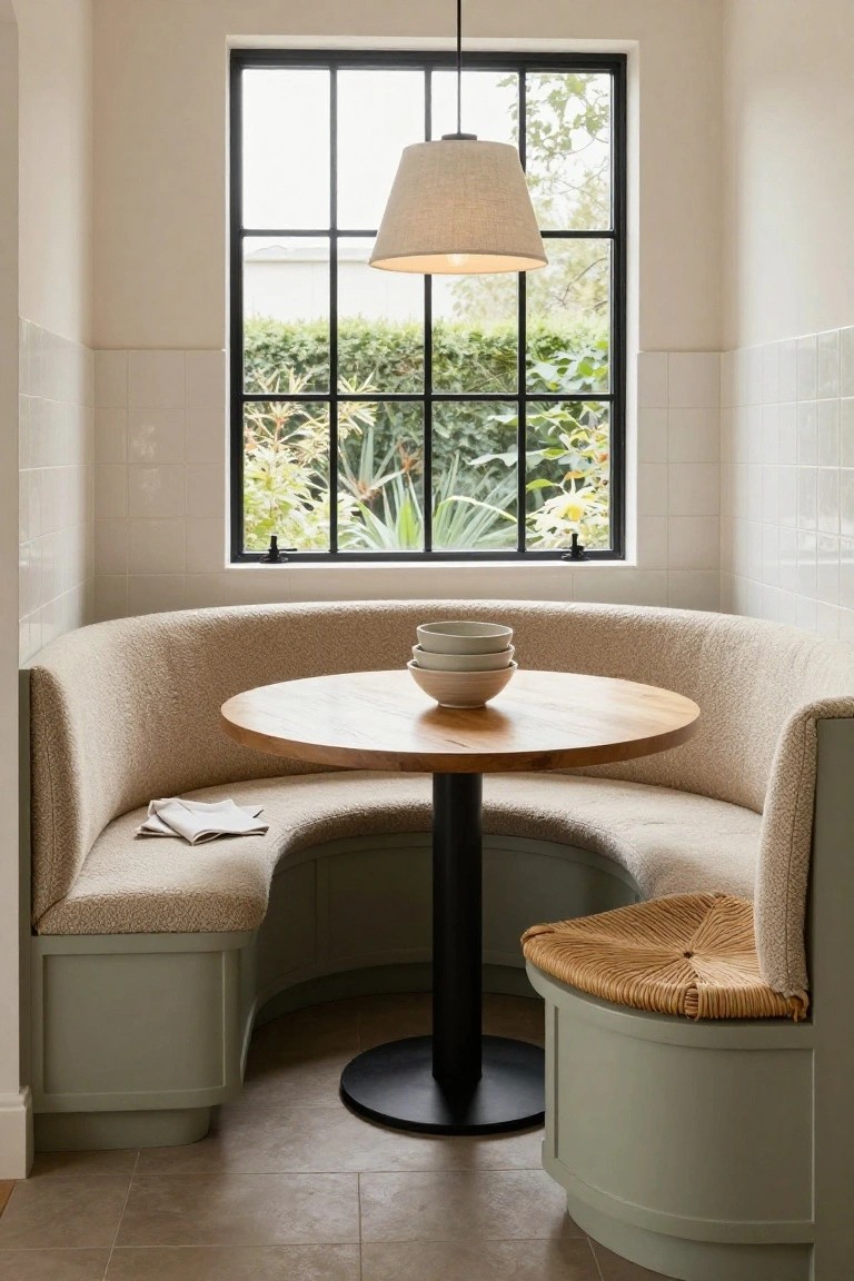 Curved upholstered booth with beige cushions seats around a round wooden table with stacked white bowls in a light kitchen nook featuring a large black-framed window, greenery outside, white tiled walls, and sage green base cabinets.