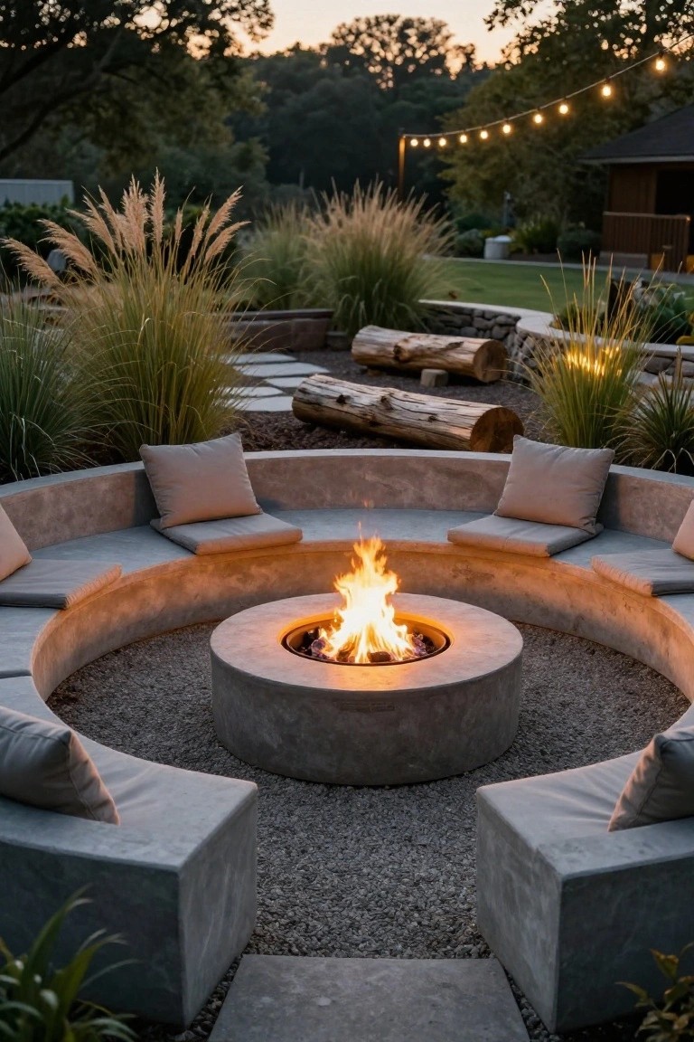 Circular concrete fire pit with flames burning inside, surrounded by curved continuous concrete benches with beige cushions, on a gravel surface amid tall ornamental grasses and wood logs in an outdoor garden setting at dusk with string lights.