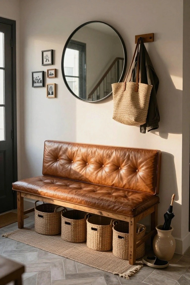 Tan tufted leather bench on wood legs with three wicker baskets stored underneath in a light entryway space beside a dark door, with a large round black mirror, coat hooks, and photos on the wall.
