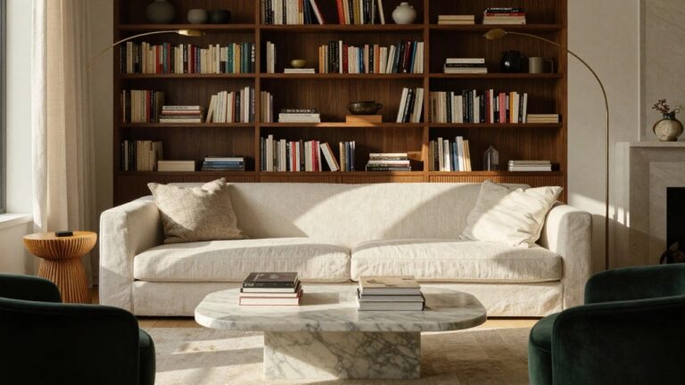 Modern living room with cream fabric sofas and armchairs around a white marble coffee table on wood floors, backed by tall wooden bookshelves with integrated fireplace and large window with sheer curtains.
