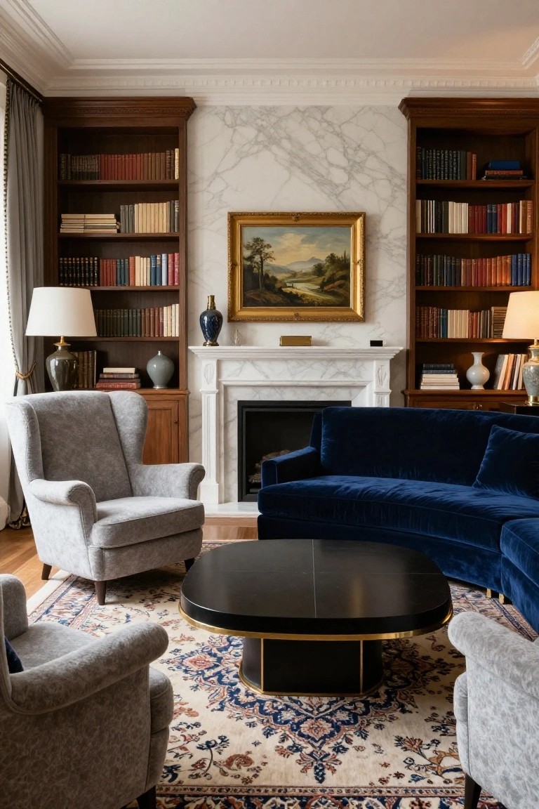 Interior photo of a formal living room featuring dark wood bookshelves filled with books, a white marble fireplace, gold-framed landscape painting above the mantel, two gray wingback armchairs, a curved navy blue velvet sofa, black coffee table with gold accents, and a large Persian-style rug.